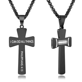 XIEXIELA Football Cross Pendant Necklace for Boys,Football Silicone Bracelets,I CAN DO All Things Strength Bible Verse Stainless Steel Necklace Black