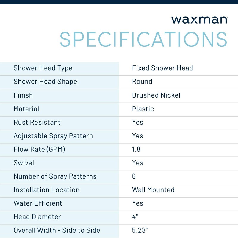 Waxman Serene 4" Fixed Shower Head with 6 Spray Settings,
