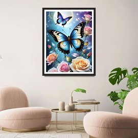QINRUBB DIY Butterfly Diamond Painting Adults, 5D Flowers Diamond Painting Pictures Beginners, Fantasy Round Full Drill Diamond Painting Embroidery Cross Stitch Gifts Home Wall Decor 30 x 40 cm