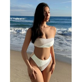 ZAFUL - Bikini sin tirantes para mujer, diseño de cuadros de encaje y retazos de cuadros de 2 piezas, corte alto, bandeau, 1- marrón , Large