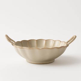 Amitofo Small Vintage Scalloped Ceramic Bowl with Rope Handles, Retro Style Glazed Purse Bowl for Serving Fruit,Salad,Table Centerpiece Decor (Retro Yellow)