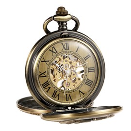 TREEWETO Unisex Pocket Watch Mechanical Hand Winding Double Cover Reindeer Deer Bronze Hollow Case Skeleton Steampunk for Men and Women with Chain & Gift Box, bronze, Classic, vintage