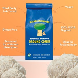 Lion's Mane Coffee by Malama, Fruiting Body Lion's Mane Mushrooms blended with Kona Coffee, Superfood Adaptogenic Mushroom Extract with Fair Trade Coffee, Medium Roast Ground Coffee, 12 oz