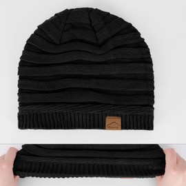 Hebenie Beanie Hats for Women - Knitted Winter Warm Hat Thermal Fleece Line Slouch Beanies Ladies Cable Knit Hat Classic Skull Cap Plain Wool Hat for Women Girls UK Black