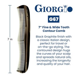 Giorgio G67 Classic Dresser Contour Comb, Double Tooth Coarse/Fine Hair Styling Grooming Combs for Men, Women and Kids. Black Barber Comb Saw Cut, Handmade and Hand Polished for Everyday Hair Care