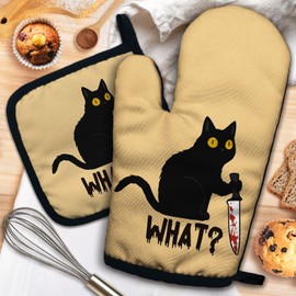 ZHANTUONE What Funny Heat Resistant Oven Mitts and Pot Holders Set with Silicone Non-Slip, Humor Cat Sarcastic Saying Cooking Baking Gadgets, Gifts for Cat Lover Mom Wife Sister BFF Colleague
