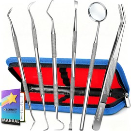 Herramientas dentales, paquete de 6 herramientas de limpieza dental, raspador dental de acero inoxidable, juego de higiene con espejo bucal, kit de pinzas para dentista, cuidado bucal familiar, perros, con funda de piel