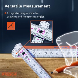 Presch Folding Rule 2m with Angle Scale | Wood | Orange | Foldable | Large & Highly legible Numbers | Precise snapping | Meter Stick, Carpenters Rule, Folding Ruler 2m, Joiners Rule with Tool Pattern