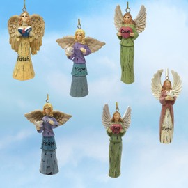 Angel Christmas Ornaments - Set of 6 - Faith Hope Love Joy Peace Hope - Messenger Angels - Xmas Decorations Each is About 4" H