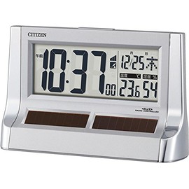 Citizen 8RZ128-019 Rhythm Alarm Clock, Radio Clock, Digital, Solar, Auxiliary Power, See-Through LCD, Silver