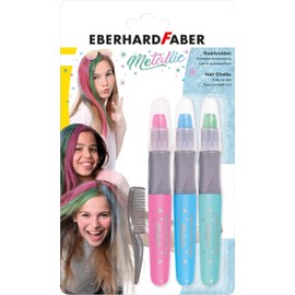 Eberhard Faber 579205 - Metallic Hair Chalk, Set of 3 Colours and Hair Comb, Easy to Use, Easy to Clean, for Trendy Hairstyles and New Hair Colours