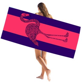 IHAUIUE Flamingo Print Beach Towels Microfiber Quick Dry Travel Towel Tropical Sand Free Pool Blanket for Women, Ladies, Girls, Stripes Purple Red Flamingo