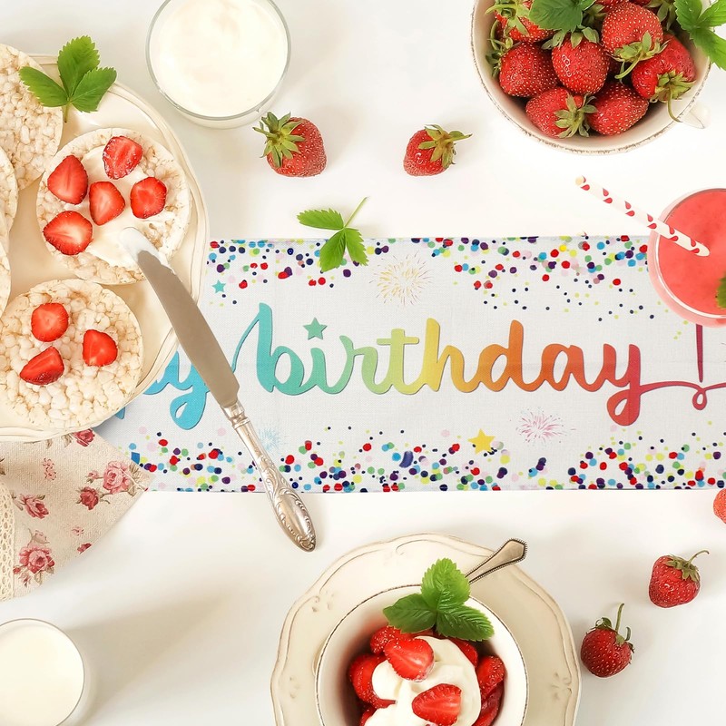 Hejo Happy Birthday Table Runner, Linen Birthday Party Table Decorations