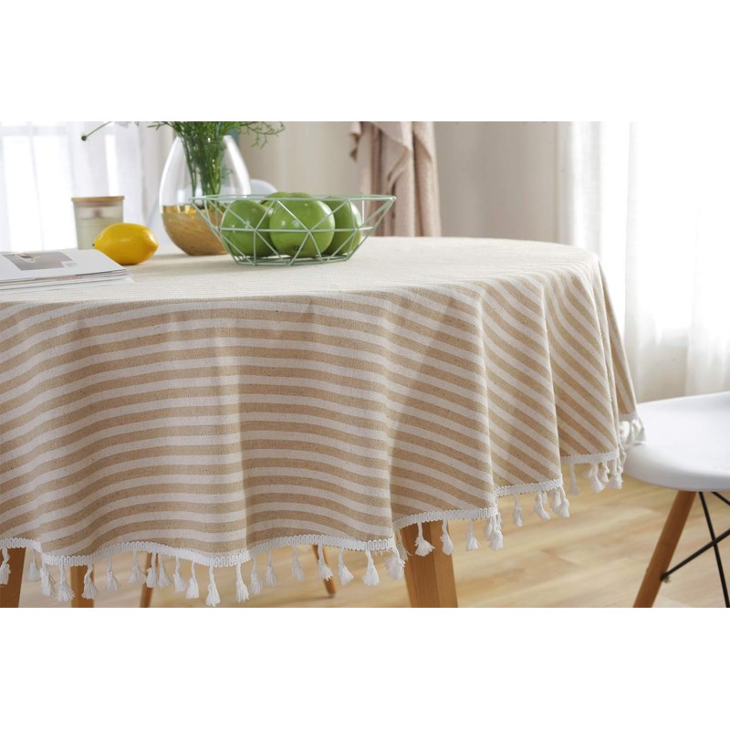 Plenmor Cotton Linen Tablecloth for Round Table Stripe Tassel Round