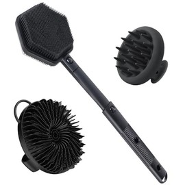 Cepillo de ducha extensible con mango largo，cepillo de silicona y cepillo de champú，cepillo de ducha de doble cara ，con buena espuma (black)