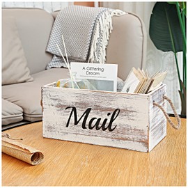 HoreZer Rustic Wood Tabletop Decorative Mail Holder Box with Rope Handles，Wooden Letter Holder Box for Home Office Decor, Farmhouse Desk Organizer Mail Sorter