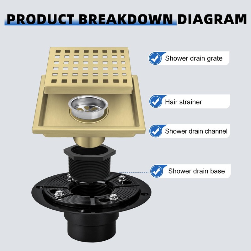 morefine Gold Shower Drain 6 inch with Flange, Square Shower