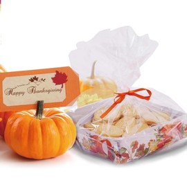 4 Pack Thanksgiving Cookie Tray Gift Baskets, 8" x 8" x 2.25", Fall Leaves Printed Treats Gift Baskets with Clear Cellophane Wrap and Red Ribbon Tie - Perfect for Thanksgiving or Holiday Treats Gift Giving