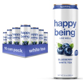 Happy Being Sparkling Nutrient-Rich Blueberry White Tea – Infused with Turmeric, Elderberry, Vitamin D3, Caffeine Free, Plant-Based, Low Calorie & Low Sugar Drinks, 12oz (16 Pack)