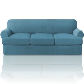 PrinceDeco T Cushion Sofa Slipcover 4 Pieces Sofa Covers for Couch, Soft Couch Cover Slip Covers with 3 Individual T Cushion Shape Seat Covers Width Up to 88 Inch, Washable, Storm Blue