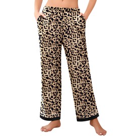 Ekouaer Womens Soft Pajama Pants Casual Lounge Sleep Pants Stretch Pajama Bottoms Color Block Hem Pj Pants with Pockets Black Leopard L