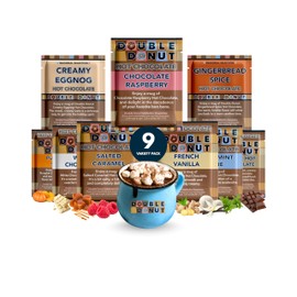 Double Donut Coffee Flavored Hot Chocolate Packets Variety Pack, 9 Count Includes Classic, Chocolate Raspberry, Salted Caramel, Peppermint, Eggnog & Gingerbread