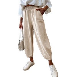 Dokotoo Harem Pants Women Yoga Clothes with Pockets Palazzo Cotton Elastic Waisted Wide Leg Pants for Women Plus Size Harem Trousers Outfits Comfort Lounge Fashion Beige