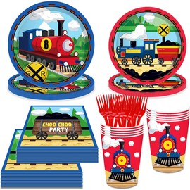 Train Party Tableware, 60PCS Train Birthday Tableware Set, Kids Party Tableware Train, Includes Train Plates Paper Cups Paper for 10 Person Birthday Party
