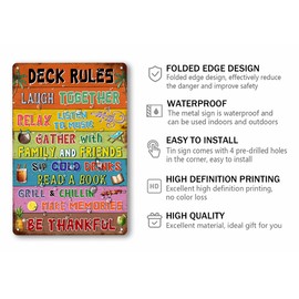 Funny Deck Rules Metal Sign Retro Deck Sign for Farmhouse Home Bar Porch Patio Deck Art Wall Decoration 8x12 Inch
