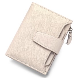 FREYAMIRA Rfid Blocking Wallet for Women Bifold Leather Wallet Compact Card Holder with Zipper Coin Pocket & 4 ID Windows,Beige