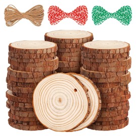 LOOFORE Natural Wood Slices, 54 Pcs 6-7cm Unfinished Wooden Coasters, Predrilled Log Discs Wooden Log Slices, with 3 Ropes for Arts DIY Crafts, Christmas Decorations or Wedding Favours