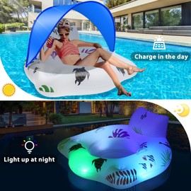 DeeprBlu Inflatable Pool Floats Adult with Color Changing Lights & Canopy, Solar Pool Float Chairs of Adjustable Sun Shade Cover, XL Pool Float Lounge with Cup Holders, Beach Water Floats for Adults