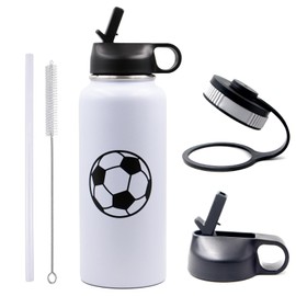 Soccer Water Bottle 32 oz Sports Flask Metal Travel Tumbler with 2 Lids, BPA Free Stainless Steel Double Wall Vacuum Insulated Water Bottles, Soccer Gifts for Boys Girls Player