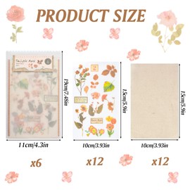 WANDIC Flower Rub Stickers 6 Styles 12 Sheets Natural Plant Decals with 12 Sheets Cotton Waterproof Transparent Stickers for Diary, Notes, Wall, Water Cup