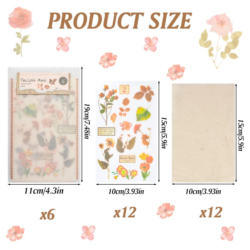 WANDIC Flower Rub Stickers 6 Styles 12 Sheets Natural Plant