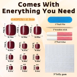 Bellelfin Short Press on Toenails, 240Pcs Burgundy Fake Toes Nails Kit Full Cover Glossy False Toenail Press ons Solid Color Acrylic Glue on Toenails for Women Girls