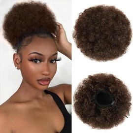 Brown Afro Kinky Curly Human Hair Puff Ponytail for Women, Hairpieces Curly Donut Chignon Wrap with Drawstrings and 2 Clips Medium Size Updo Hair Extensions Blonde Color(6 inch/Brown)
