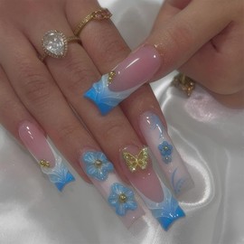 Rchovsam xl Square Press on Nails Long French Tip Fake Nail 3D Flowers Designs False Nails Press Ons Gold Butterfly Pearls Stick on Nails Full Cover Artificial Nail Gift for Women 24pcs