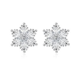 Christmas Earrings for Women Girls, Silver Snowflake Stud Earrings with Shiny Tiny Cubic Zirconia, Small Sleeper Stud Earrings, Christmas Xmas Jewellery Gifts for Mum Daughter