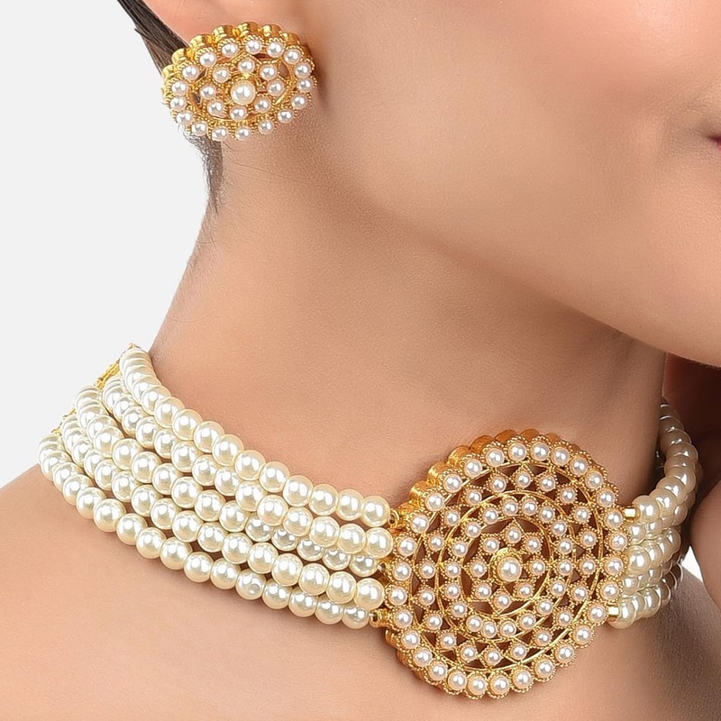 Aheli Pearl Diamond Gargantilla Collar con pendientes redondos Set Regalo