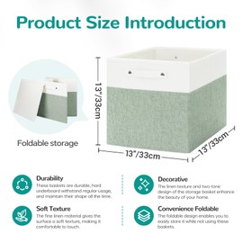 VQRTEXA 13 x 13 Inch Fabric Storage Cube Bins, 6 Pack Fine Linen Storage Boxes with Handles, Collapsible Basket Organizers for Shelves (White/Green)