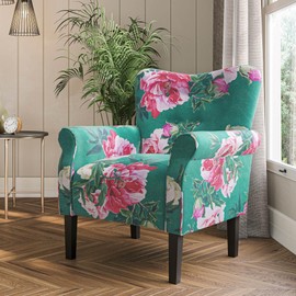 BELLEZE Modern Accent Chair, High Back Armchair, Upholstered Wingback Side Chair, Padded Single Sofa with Wooden Legs for Living Room, Bedroom - Green & Flower