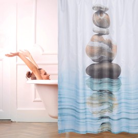 Relaxdays Shower Curtain with Stone and Water Motif, Polyester, Washable, Anti-Mould, Bathroom Curtain 180x180 cm, Blue