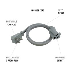 Clear Power 3ft 14/3 SPT-3 Air Conditioner Major Appliances Extension Cord, 3-Prong Grounded Right Angle Plug, Gray, CP10001