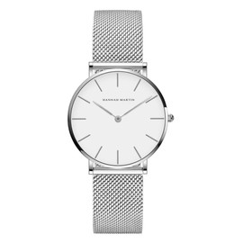 HANNAH MARTIN Reloj Análogo para Mujer Reloj De Pulsera De Malla de Acero Inoxidable con Extensible de Malla de Acero Inoxidable, Sin Segundero, Carcasa de Resina, Con Broche Ajustable (Plateado)