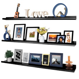 Annecy Floating Shelves Wall Mounted Set of 3, 47 Inch Black Rustic Wood Shelves for Wall, Wall Storage Shelves with Guardrail Design for Bedroom, Bathroom, Kitchen, Office, 3 Different Sizes