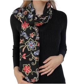 NELUHA Scarf made of lightweight cotton embroidered with floral pattern, black, for women, shoulder scarf, neckerchief, 166 cm x 85 cm, stole, black