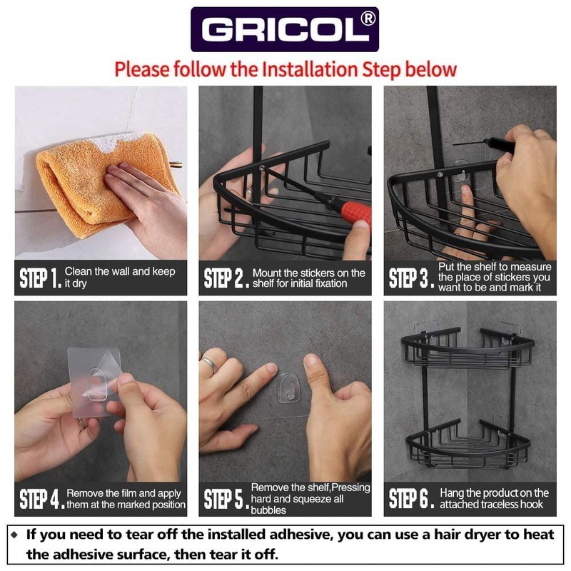 Gricol Corner Shower Basket, No Drilling Required, Aluminium with Hooks,