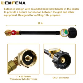 Lemfema Propane Refill Adapter with Tank Gauge and Shut Off Control Valve - Fits 1LB. Type1 Tanks for Camping Grill