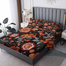 Vintage Floral Sheets King Size, Botanical Flower Bed Sheets, Patterned Bedding Sheets & Pillowcases 4 Piece Set - Soft Microfiber Deep Pocket Fitted Sheet & Flat Sheet & 2 Pillow Cases